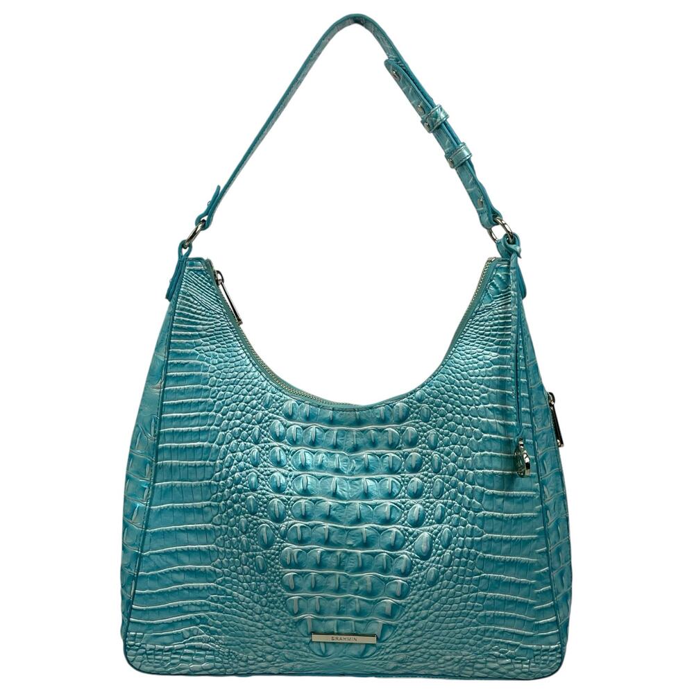 Brahmin Tabitha Melbourne Leather Shoulder Bag Aqua Blue Croc Embossed - Picture 2 of 12